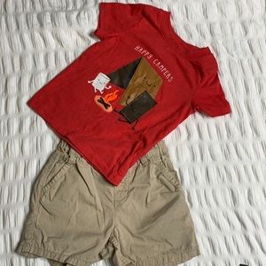 Red Happy Campers t-shirt with beige H&M shorts
